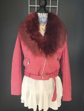 NWT, GIOLSHON Women’s Pink Faux-Fur Trim Belted MOTO Jacket, SIZE M